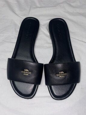 Coach Black Leather Slide Sandals with Gold Logo